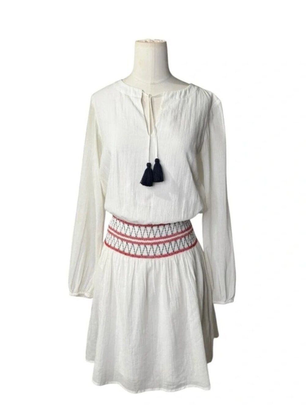 Sail to Sable White Boho Tassel Dress | Smocked Waist Long Sleeve Mini - Picture 7 of 10